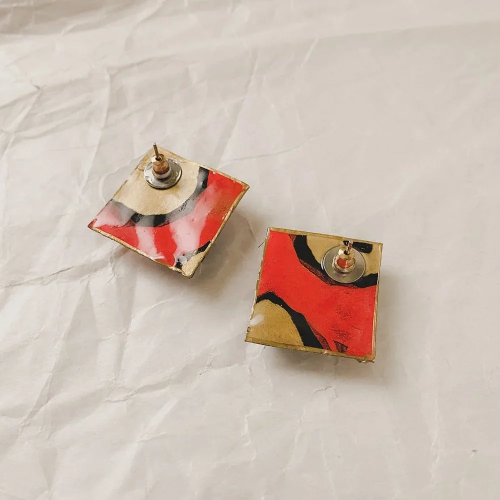 Vintage Orange Blue Gold Funky Abstract Mod Diamond Plastic Statement Earrings - Picture 8 of 10